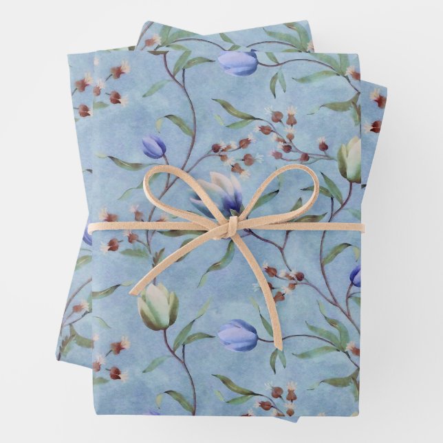 Blue & White Tulips Anemones Pattern  Wrapping Paper Sheet (In situ)
