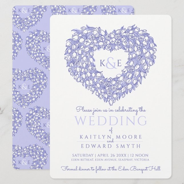 blue white tulips drawing heart wedding invitation (Front/Back)