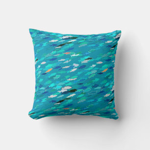Blue, white, turquoise school of fish cushion
