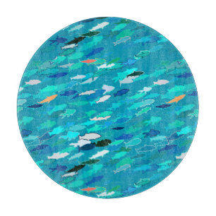 Blue, white, turquoise school of fish cutting board