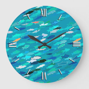 Blue, white, turquoise school of fish large clock