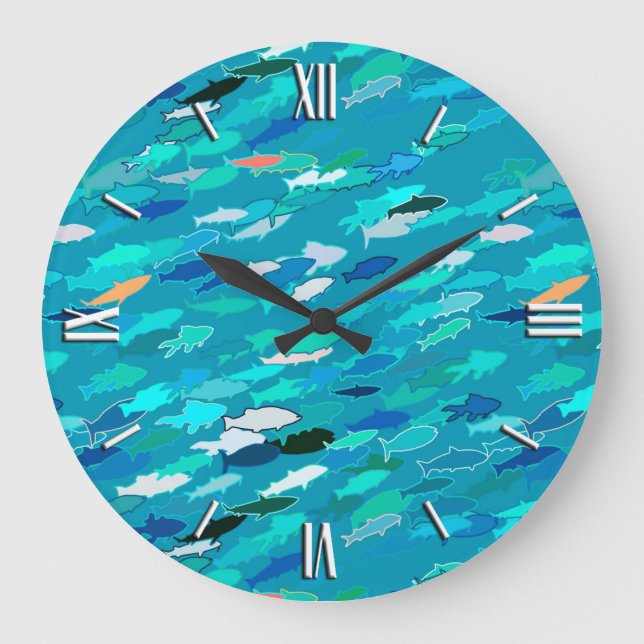 Blue, white, turquoise school of fish large clock (Front)