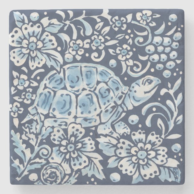 Blue & White Turtle Woodland Animal Floral Delft Stone Coaster (Front)
