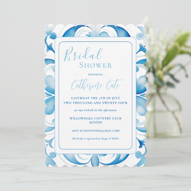 Blue & White Tuscan Design Bridal Shower  Invitation (Standing Front)