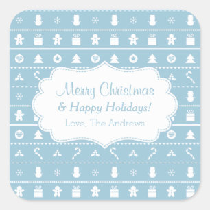 Blue White Ugly Christmas Sweater Icons Pattern Square Sticker