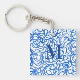 Blue White Unique Watercolor Swirls    Keychain