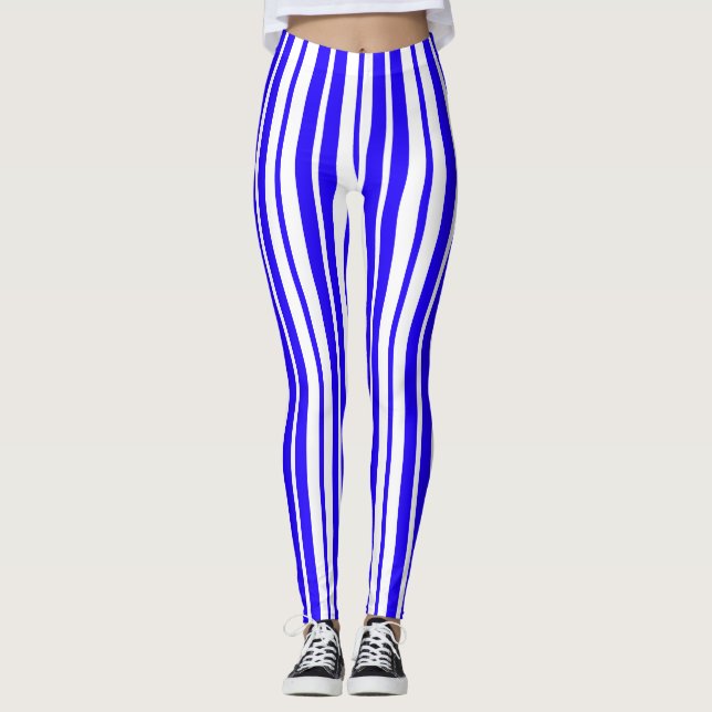 Blue White Vertical Stripes Pattern Leggings (Front)