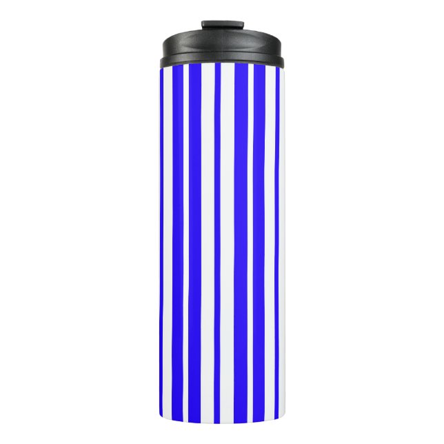 Blue White Vertical Stripes Pattern Thermal Tumbler (Front)