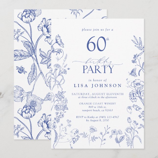 Blue & White Victorian 60th Birthday Party Floral Invitation (Front/Back)