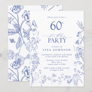 Blue & White Victorian 60th Birthday Party Floral Invitation