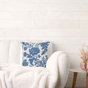 Blue & White Victorian-inspired Floral Print Cushion