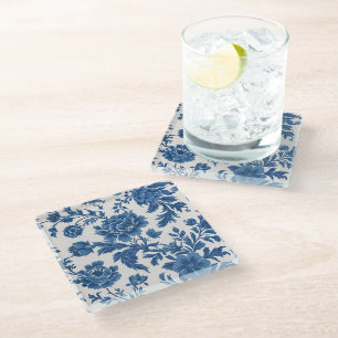 Blue & White Victorian-inspired Floral Print Glass Coaster