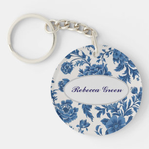 Blue & White Victorian-inspired Floral Print Key Ring