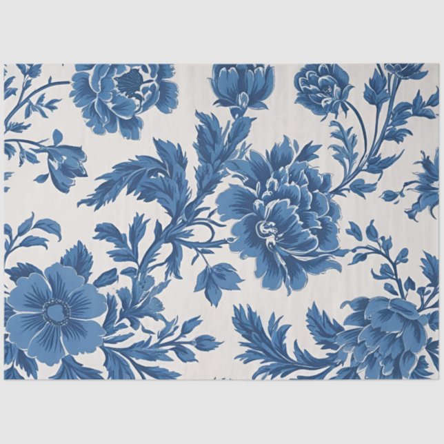 Blue & White Victorian-inspired Floral Print Tissue Paper (Front)