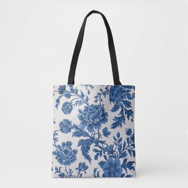 Blue & White Victorian-inspired Floral Print Tote Bag (Front)