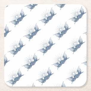 Blue & White Vintage American Flags w/Shining Star Square Paper Coaster
