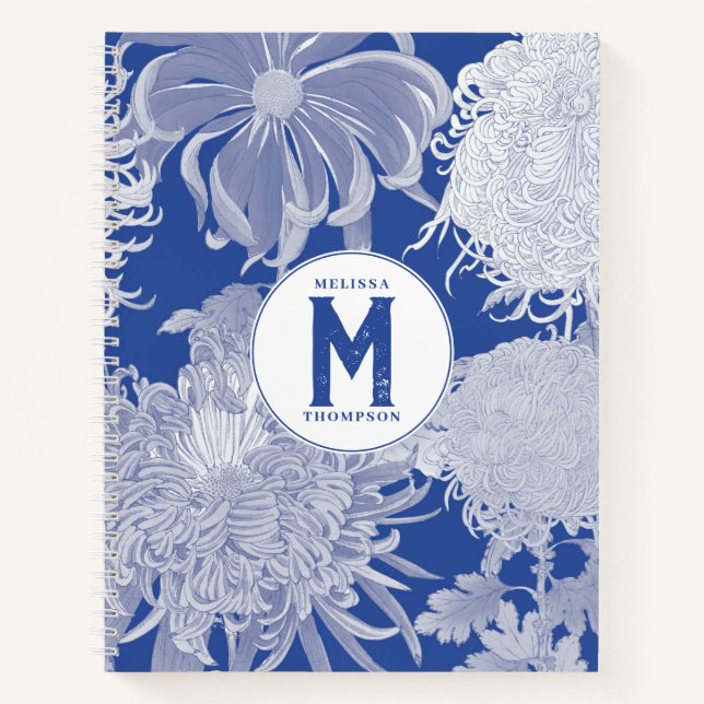 Blue White Vintage Chinoiserie Floral Monogram Notebook (Front)