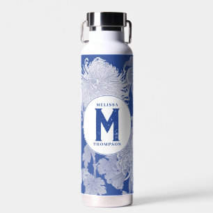 Blue White Vintage Chinoiserie Floral Monogram Water Bottle