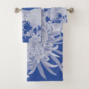 Blue White Vintage Chinoiserie Floral Pattern Bath Towel Set
