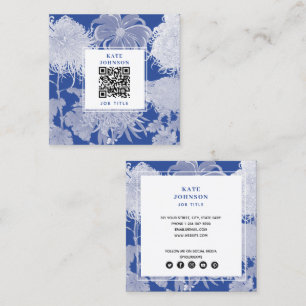 Blue White Vintage Chinoiserie Floral QR Code Square Business Card