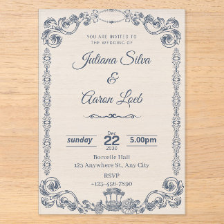 Blue White Vintage Classic Elegant Wedding Invitat Acrylic Invitations