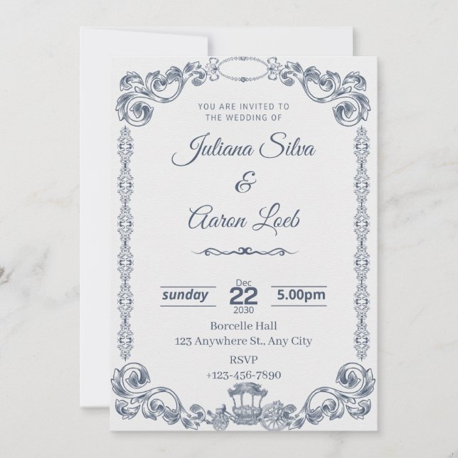 Blue White Vintage Classic Elegant Wedding Invitat Invitation (Front)