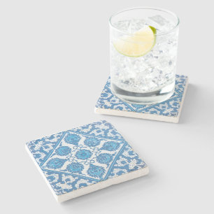 Blue White Vintage Cornflowers Faux Tile Stone Coaster