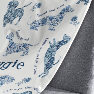 Blue White Vintage Delft Dachshund Fleece Blanket