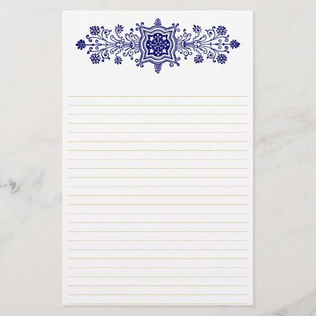 Blue White Vintage Floral Art Lined Stationery (Front)