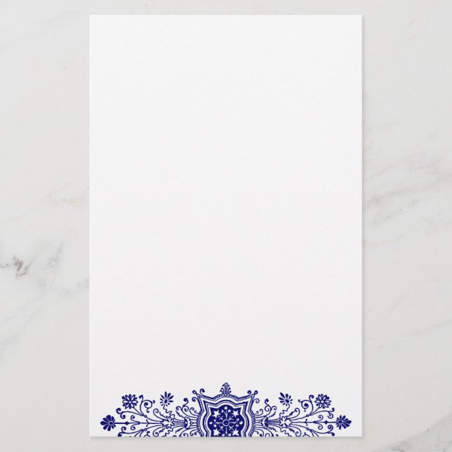 Blue White Vintage Floral Art Stationery (Front)