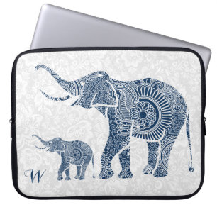 Blue & White Vintage Floral Elephant Illustration Laptop Sleeve