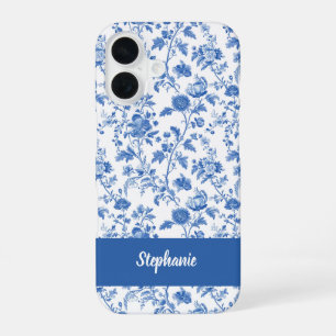 Blue White Vintage Floral Monogram Name iPhone 16 Case