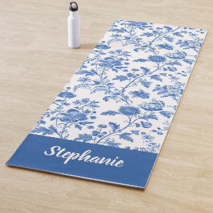 Blue White Vintage Floral Monogram Name Yoga Mat