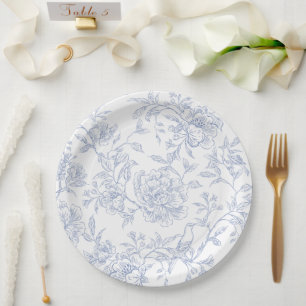 Blue white vintage floral paper plate