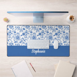 Blue White Vintage Floral Personalized Name Desk Mat