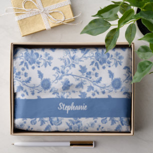 Blue White Vintage Floral Personalized Name Tissue Paper
