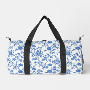 Blue White Vintage Floral Toile Pattern Duffle Bag
