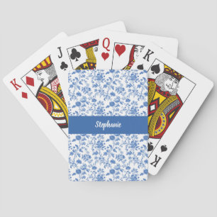 Blue White Vintage Floral Toile Personalized Name Playing Cards
