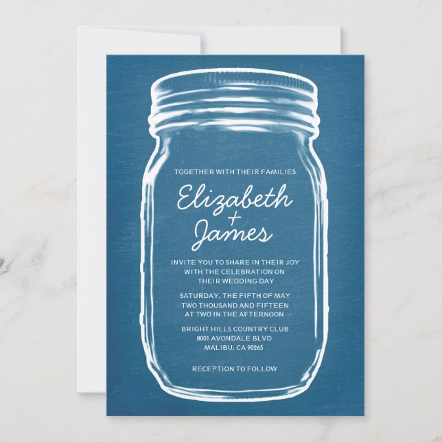 Blue & White Vintage Mason Jar Wedding Invitations (Front)