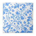 Blue White Vintage Original Unique Watercolor Tile<br><div class="desc">Beautiful high quality original watercolor vintage botanical pattern ceramic tile blue on a white background. Perfect for a fresh style interior design.</div>
