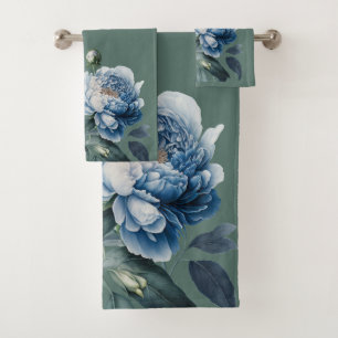 Blue & White Vintage Peony on Sage Towel Set
