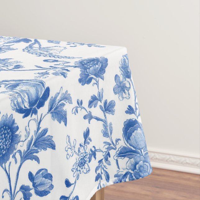 Blue White Vintage Toile Floral Tablecloth (In Situ)