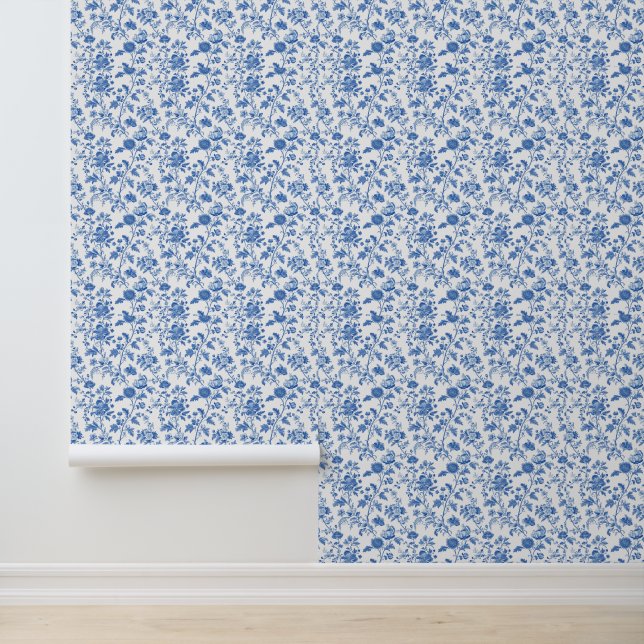 Blue White Vintage Toile Floral Wallpaper (Application)