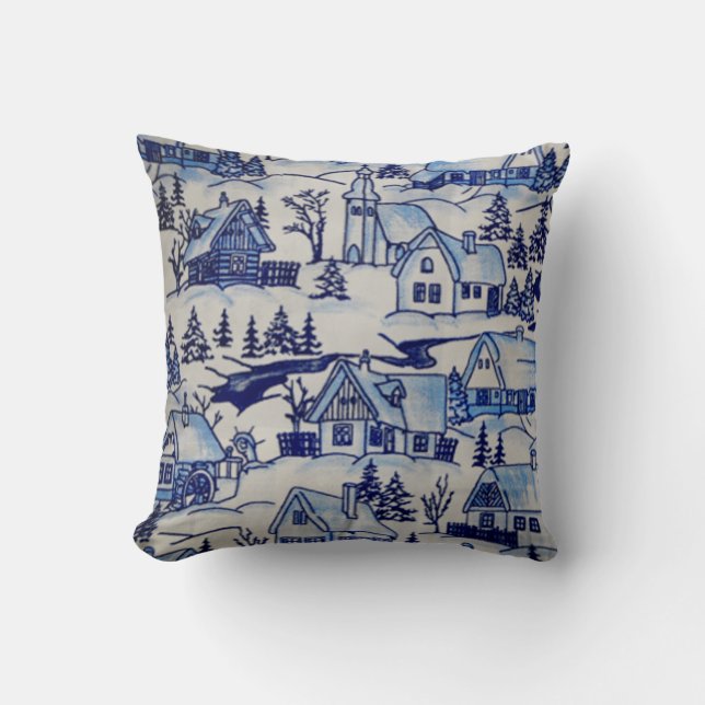 Blue/White Vintage Winter Old Holiday Village Cushion (Front)