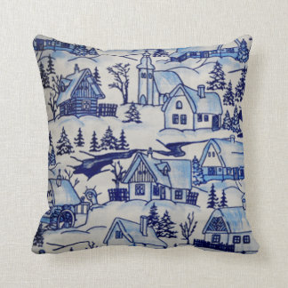 Blue/White Vintage Winter Old Holiday Village Cushion