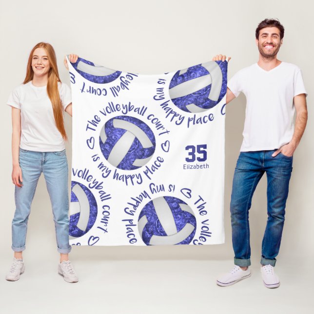 blue white volleyball court happy place typography fleece blanket (In Situ)