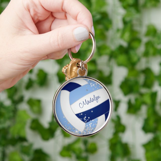 blue white volleyball w tiny silver stars accent  key ring (Hand)