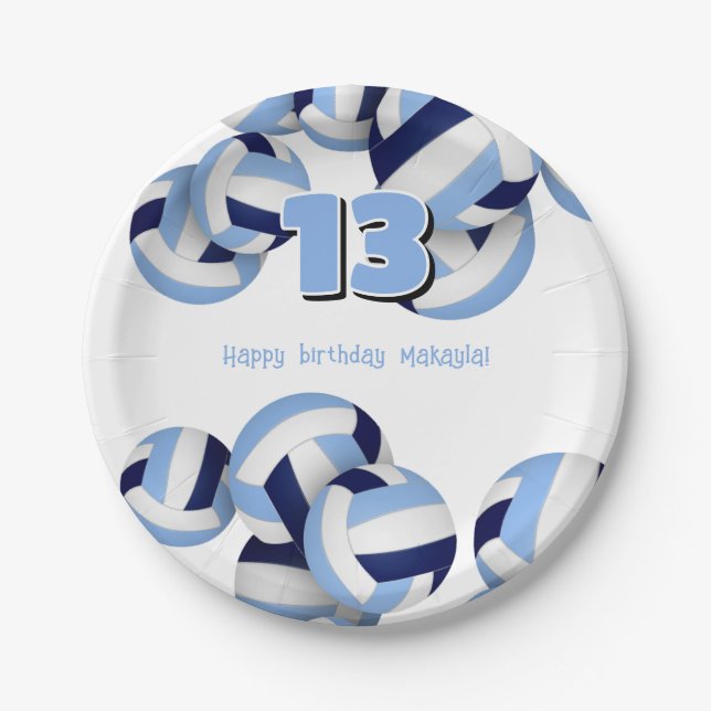 blue white volleyballs kids birthday party paper plate (Front)
