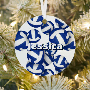 blue white volleyballs with athlete name keepsake metal tree decoration