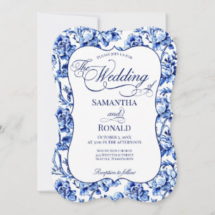 Blue & White w Calligraphy Floral Toile Wedding  Invitation